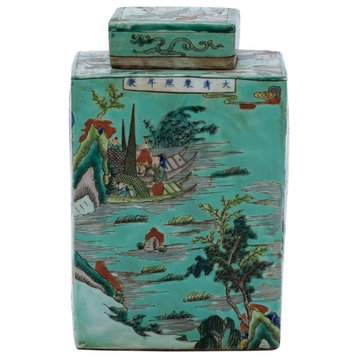 Legend of Asia Green Square Tea Jar With Landscape Motif 1469