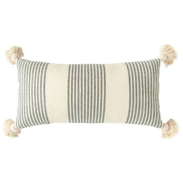 Cream Cotton and Chenille Pillow With Vertical Gray Stripes, Tassels