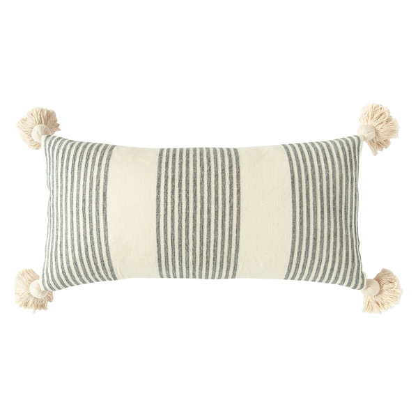 Cream Cotton and Chenille Pillow With Vertical Gray Stripes, Tassels