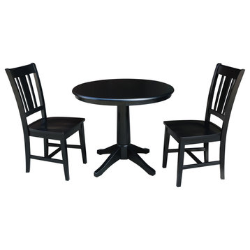 36" Round Top Pedestal Table With 2 San Remo Chairs, 3-Piece Set, Black