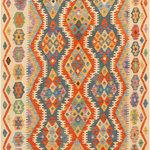 Bareens Designer Rugs - Rustic Turkish Kilim Lashon Hand-Woven Wool Rug - 4'1'' x 5'8'' - Elevate the elegance of your home with this stunning hand-woven tribal Kilim wool rug. Meticulously crafted on a loom by the Nomad Turkman people using hand-spun wool and 100% natural vegetable dyes, these rugs are recognized for their repetitive geometric patterns, incorporating naturalistic floral and traditional designs. The contemporary fashion palette results in bold, sharp patterns that are incredibly versatile, as the pattern is the same on both sides. These reversible rugs feature a lighter shade on one side and brighter colors on the other, providing versatility according to preference. These unique rugs are made by knotting short strands of different colors onto the warps and securing them by tightly pressing the wefts. The designs are created by interweaving the various colored wefts and warps. Kilims are known for their exceptional durability and versatility, making them truly unique rugs.  Product Details    Rug Size: 4'1'' x 5'8''  Material: 100% Wool  Style: Kilim, Flat Weave, Dhurrie, Turkish, Southwestern, Rustic, Tribal  Colors: Rust, Beige  Weave Type: Hand-Woven, Handmade  Pile Height: Less than 0.25 inch