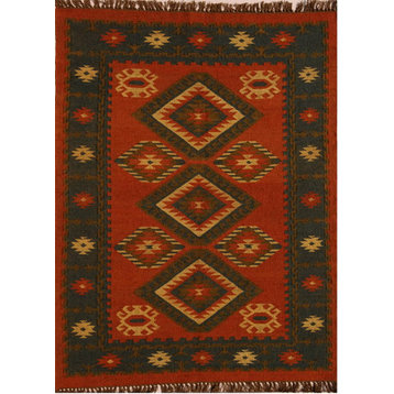 Handwoven Jute and Wool Diamond Rug, Red, Black, and Tan, 8'x11'