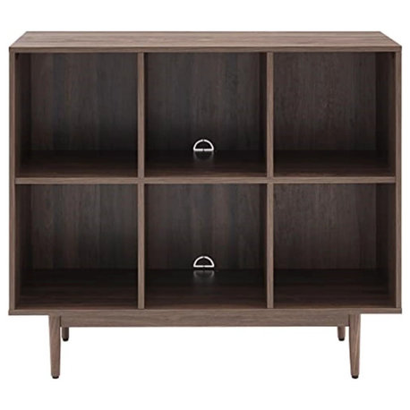 Mid Century Modern Bookcase, 6 Open Compartments With Cable Management, Walnut