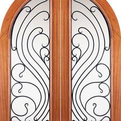 Double Prehung Doors, Round Top Solid Mahogany Full Lite, Forged Iron - Front Doors