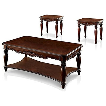 3 Pcs Traditional Coffee Table Set, Turned Legs & Unique Carving Details, Cherry