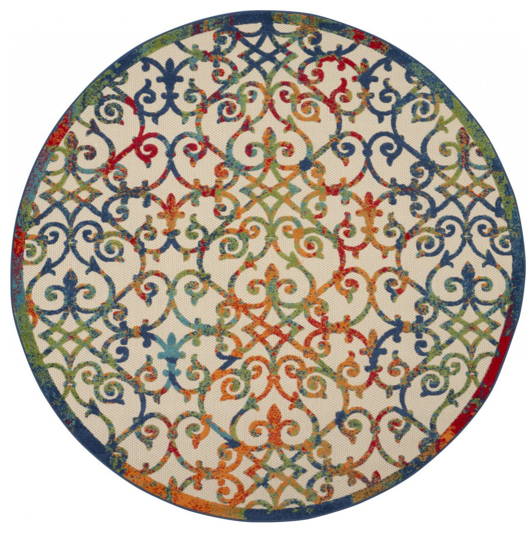 8' Round Ivory And Blue Round Floral Indoor Outdoor Area Rug ...
