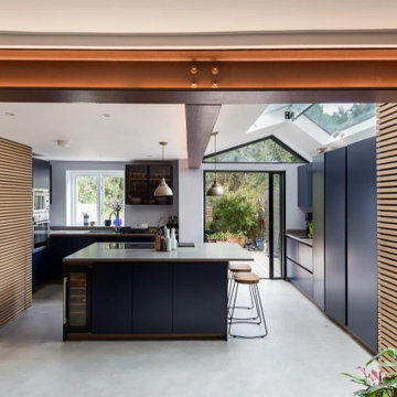 Modern copper and blue kitchen