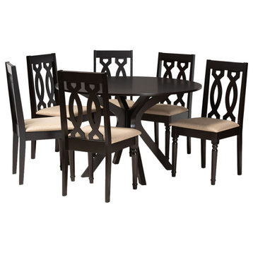 Catreen Modern Sand Fabric and Dark Brown Wood 7-Piece Dining Set