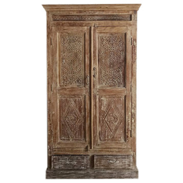 Consigned Antique Whitewash Armoire with drawers, Mahal Carved Cabinet