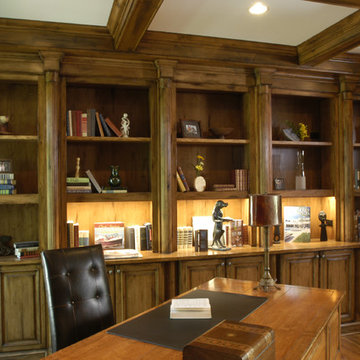Knotty Alder Library with Built In Bookcases and Coffer Ceiling
