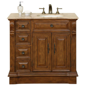 38 Inch Single Antique Brown Bath Vanity, Sink on Right, Travertine, Traditional