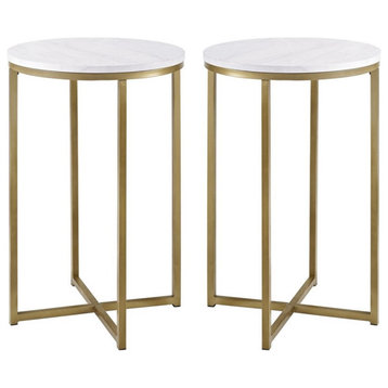 Pemberly Row Modern Metal End Table Set in Faux White Marble/Gold (Set of 2)