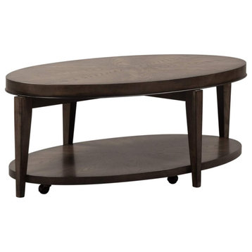 Unique Coffee Table, Tapered Legs With Oval Top and Lower Shelf, Dark Brown