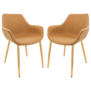 LeisureMod Markley Leather Dining Armchair Gold Legs Set of 2, Light Brown