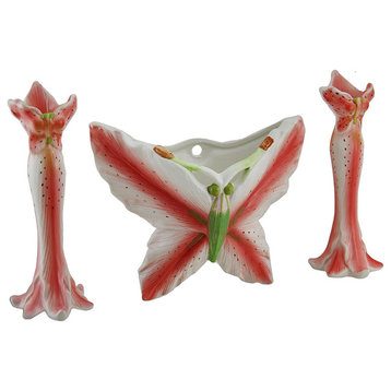 3 Pc. Pink Tiger Lily Flower Candle Holder and Butterfly Vase Set