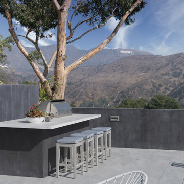 Los Tilos Hollywood Hills luxury home backyard outdoor kitchen & dining with vie