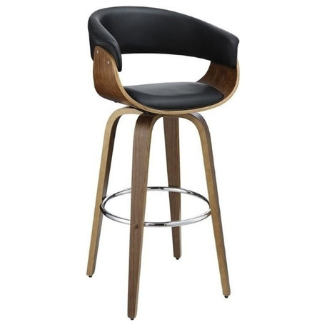 Bowery Hill 29.5" Contemporary Wood/PU Swivel Bar Stool in Walnut/Black