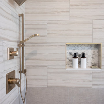 Spa Like Primary Bathroom Remodel with Warm Wood & Brass Details