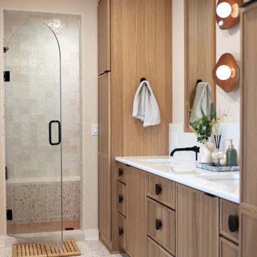 Primary & Guest Bathroom Remodel with Improved Layout and Heated Terrazzo Floors