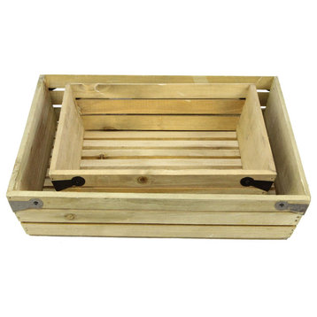 Set Of 2 Natural Wood Large And Small Square Crate With Metal Corner Design