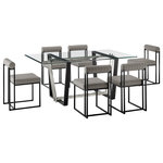 Armen Living - Kai Anastasia Rectangular Glass Dining Table 7pc Set, Black, LtGray Faux Leather - Give a sophisticated upgrade to your dining area with the Kai Anastasia Dining Set by Armen Living. This set includes 1 Kai Rectangular Glass Dining Table with Metal base and 6 Anastasia Upholstered Dining Chairs. The crisp and clean-lined design of our dining set offers modern drama and elegance. The rectangular, glass tabletop beautifully balances on a streamlined metal base. The sharp angles and contrasting finishes lend a touch of polish and definition to our dining table. It serves as a brilliant complement to our Anastasia dining chairs. The Anastasia's cushioned backrest and padded seat showcase a neat channeling detail that provides texture for a chic and inviting look. Creating a beautiful contrast with the sleek frame and comfortable cushions, these dining chairs are set to make a stylish impact. The chair is upholstered in performance fabric or smooth faux leather to offer easy care and maintenance. Together, this dining set can bring an elevated tone to your kitchen, dining room, or living space. It serves as the perfect spot to enjoy dinners, engaging conversations, and activities. With sturdy construction and high-quality materials, our dining set will continue to bring style and comfort to your home. The Kai Anastasia 7 Piece Rectangular Glass Dining Table Set is available in matching finishes and a variety of colors, or sold separately to achieve any look you desire.