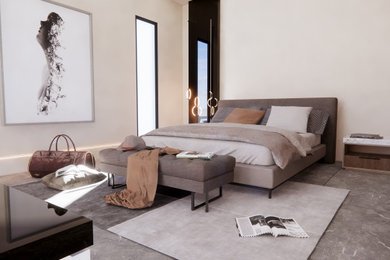 Modelo de dormitorio principal actual de tamaño medio con paredes beige, suelo de baldosas de porcelana y suelo gris