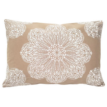 Mancini Medallion Embroidered 16x24 Throw Pillow, Coffee and Cream