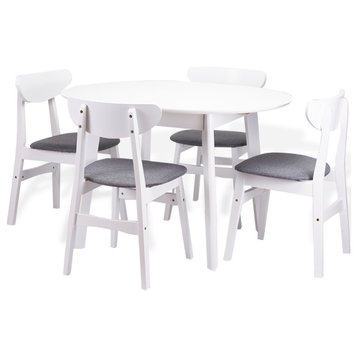 Dining Room Set of 4 Yumiko Chairs and Round Extendable Table Solid Wood, White