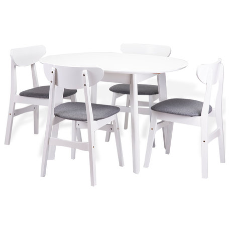 Dining Room Set of 4 Yumiko Chairs and Round Extendable Table Solid Wood, White