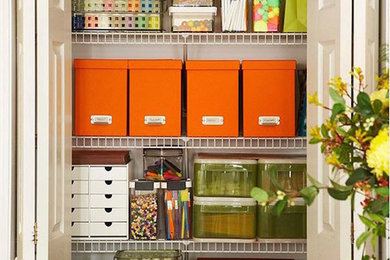 Craft room - mid-sized transitional freestanding desk craft room idea in Nashville with yellow walls