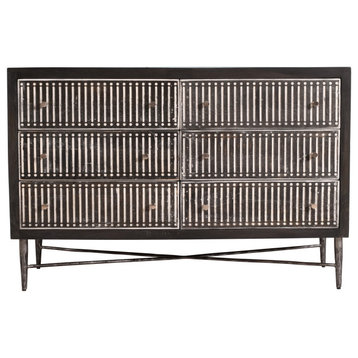 Sarah 6 Drawer Chest, Mango Solid Wood Antique Brown Finish on Iron Base
