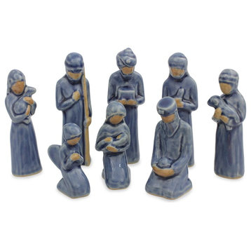 Novica Thai Holy Birth, Blue Celadon Ceramic Nativity Scene, 8-Piece Set