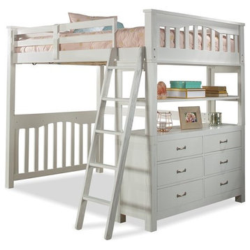 Pemberly Row Modern Wood Full Loft Bed with Hanging Nightstand in White