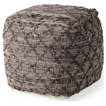 Falguni 16Lx16Wx16H Gray Leather and Cotton Patterned Pouf