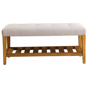 40" Gray and Brown Upholstered Linen Blend Bench with Shelves, Light Gray & Oak