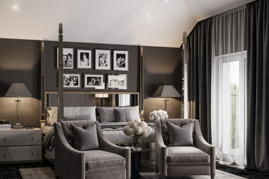 Design ideas for a large classic master bedroom in London with grey walls and black floors.