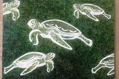 Travertine Marble  Tile: "Sea Turtles" Spa Bath Focal Point: : "Carribean Sea" c