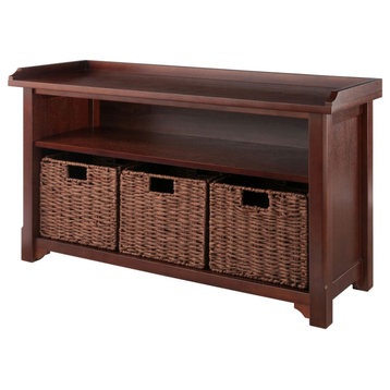 Milan 4-Pc Storage Bench with 3 Foldable Woven Baskets, Walnut