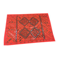 Mogulinterior - Indian Red Sari Tapestry with Miror Patchwork Wall Hanging Throw - Tapestries
