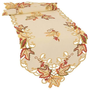 Moisson Leaf Embroidered Cutwork Fall Table Runner, Beige, 15''x72''