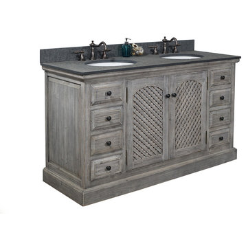 Double Fir Sinks Vanity Driftwood With Polished Surface Granite Top, 60", Gray