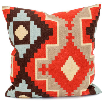 Embroidered Tribal Kilim Canvas Cotton Throw Pillow, 18"x18", Kilim Blue+red