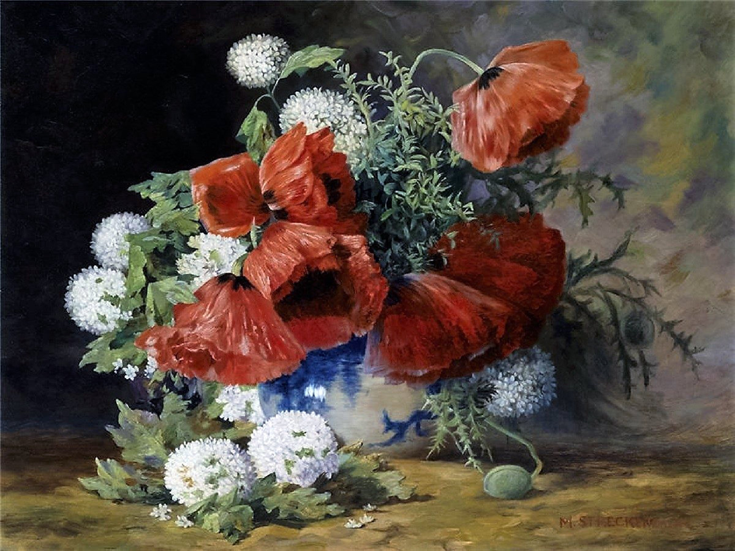 white flowers and poppies Accent Tile Mural Bathroom Wall Backsplash ...