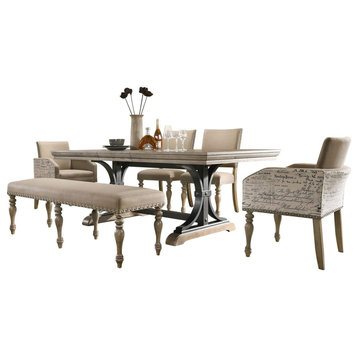 Elegant Dining Set, Padded Chairs/Bench & Armchairs With Unique Pattern, Taupe