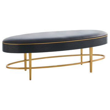 Minimalist Modern Oval Black Leather Bench, Ellipse Gold Hall Wood Long Elegant