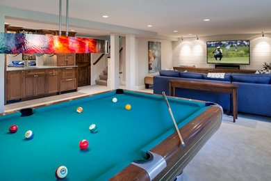 Example of a classic look-out carpeted basement design in Minneapolis with gray walls, a standard fireplace and a stone fireplace