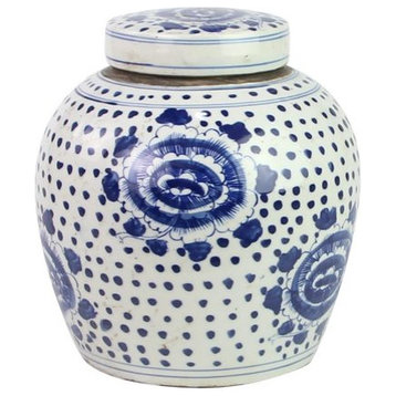Blue and White Porcelain Ginger Jar Dotted Floral Motif, 10"