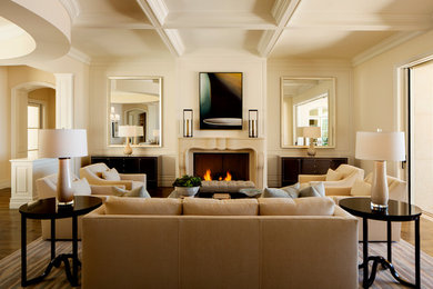 Transitional open concept medium tone wood floor and brown floor living room photo in Orange County with beige walls and a standard fireplace
