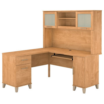 Pemberly Row Contemporary 60W L Shaped Desk with Hutch in Maple Cross