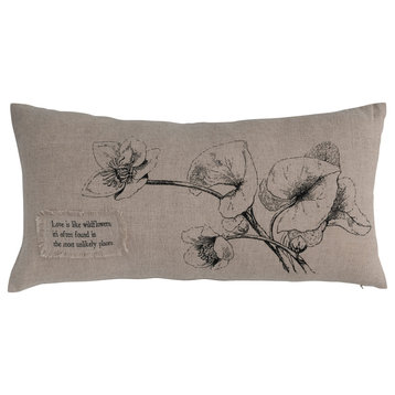 24" Linen Blend Printed Lumbar Pillow, Saying Text, Flowers, Natural, Black